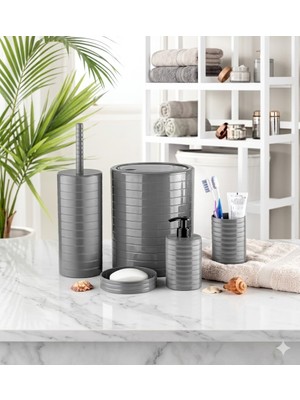 Dystopia 5 Parça Lüx Banyo Seti Gri Renkli Dekoratif Yuvarlak Kapak Çöp Kovası Fırça Seti