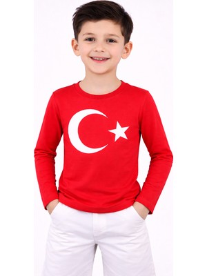 Tiwiti Baby Unısex Çocuk Ay Yıldızlı Bayrak Baskılı Likralı Süper Compac Penye Badi Kırmızı T-Shirt Tiwitibaby