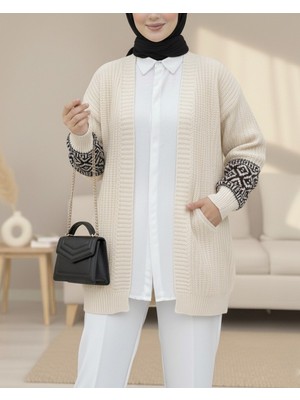 Modamorfo Kolları Desenli Triko Hırka -Krem