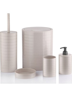 Dystopia 5 Parça Lüx Banyo Seti Bej Renkli Dekoratif Yuvarlak Kapak Çöp Kovası Fırça Seti