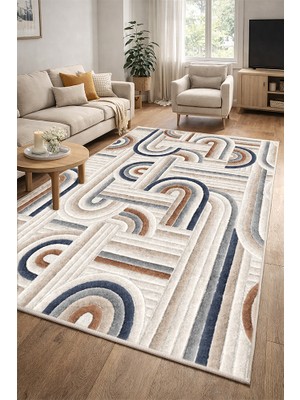 Lioara Home Krem/mavi Renk Dijital Baskılı Halı – Modern, Kaymaz Taban, Leke Tutmaz, Salon & Oturma Odası Için