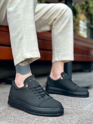 Mirglart BA0152 Bağcıklı Yüksek Taban Siyah Keten Siyah Taban Erkek Ayakkabı