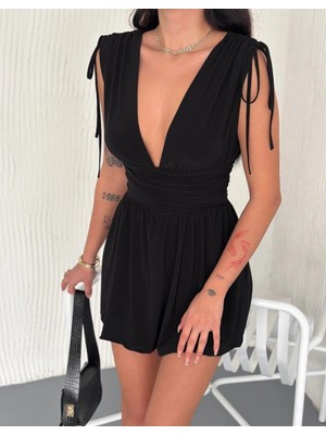 MiraLive Kadın Derin V Yaka Etek Görünümlü Şortlu Elbise Drapeli Mini Yazlık - Siyah