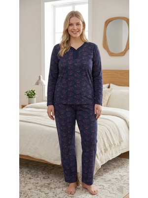 Eyfuze Kadın Büyük Beden Desenli Yakası Düğmeli Uzun Kollu Bambu Pijama Takımı