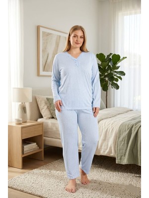 Eyfuze Kadın Büyük Beden Desenli Yakası Düğmeli Uzun Kollu Bambu Pijama Takımı