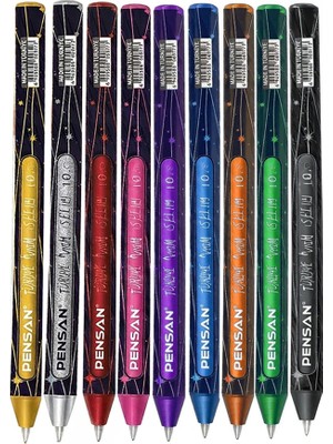 Artlantis Simli Tükenmez Kalem 9 Renk Pensan Jely Simli Pilot Kalem Ergonomik Tutuş Yumuşak Yazım Siyah Defter Renkli Kalem