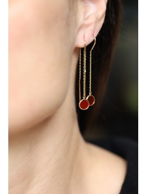 Yenigün Kuyumculuk 14 Ayar Altın Akik Taş Görünümlü Zincirli Sarkıt Küpe KP34348