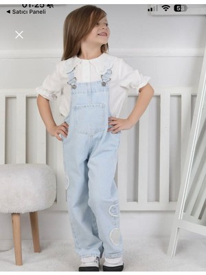 Gny Giyim Kız Çocuk Kot Salopet Tulum Ayarlanabilir Askı Kalp Işlemeli