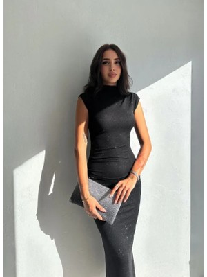 Trend Cojans Likralı Simli Kumaş Yandan Yırtmaçlı Uzun Elbise Şık Kolsuz Abiye - Siyah