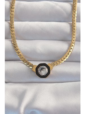 Uravas Store Çelik Gold Renk Ezme Zincir Zirkon Taşlı Mineli Serenay Kolyesi