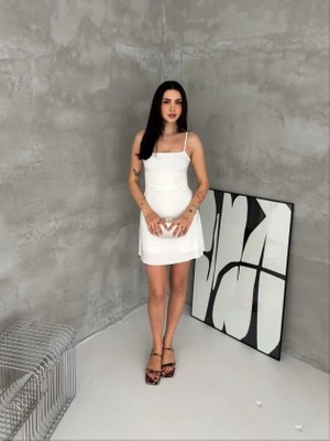 Marsilyan Askılı Şifon Mini Elbise Drapeli Bel Vücuda Oturan Yazlık Şık - Beyaz