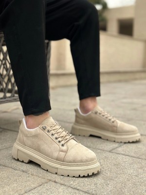 Mirglart BA0245 Krem Süet Akıllı Lastik Bağcık Yüksek Taban Günlük Erkek Ayakkabı