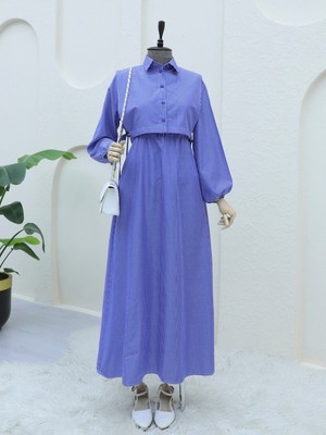 Modamorfo Gömlek Yaka Bolero Detaylı Çizgili Uzun Elbise  -Koyu Mavi