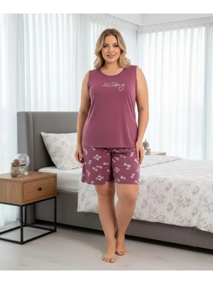 Temporium Kadın Milan Kumaş Büyük Beden Curve Baskılı Desenli Şortlu Pijama Takımı