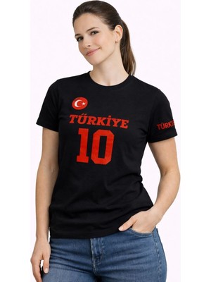 Marsilyan Kadın Türkiye Ay Yıldız Baskılı 10 Numara Forma Tişört Taraftar T-Shirt - Siyah