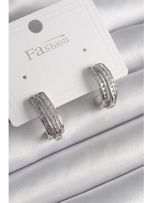 Pirinç Gümüş Renk Zirkon Taşlı Yarım Halka Model Kadın Küpe - Lisinya