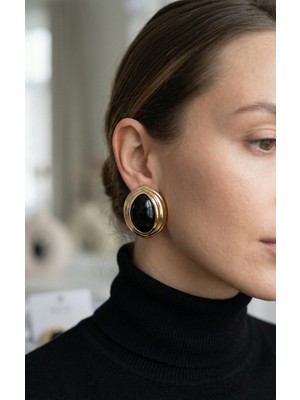 Pirinç Siyah Badem Model Vintage Gold Kadın Küpe - Lisinya