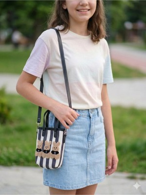 Cadde Dükkanı Siyah Çizgili 3 Ayıcıklı Mini Askılı Çapraz Çanta