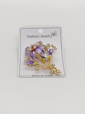 Cadde Dükkanı Mor Çiçekli Taşlı Gold Renk Broş