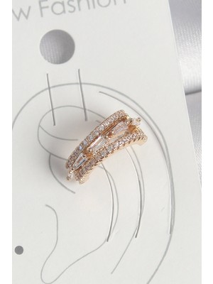 Pirinç Gold Renk Zirkon Taşlı 3'lü Sıralı Model Kadın Kıkırdak Küpe - Lisinya