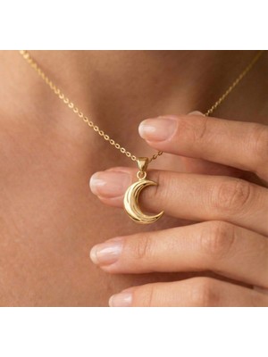 Ashak Accessories Kadın 925 Ayar Gümüş Zincirli Hilal Ay Kolye