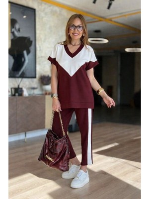 Stelol Kadın Kısa Kollu V Yakalı Çift Renkli Viskon Iki Iplik Ikili Bluz ve Pantolon Takım