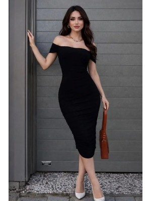 Kendim Fashion Madonna Yaka Drapeli Midi Elbise Likralı Vücuda Oturan Davet Elbisesi - Siyah