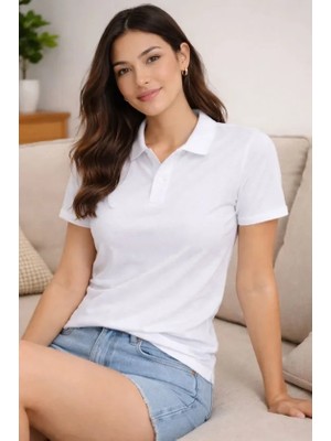 Gacha Polo Yaka Pike Kumaş Düğmeli Basic Tişört T-Shirt Günlük Rahat - Beyaz