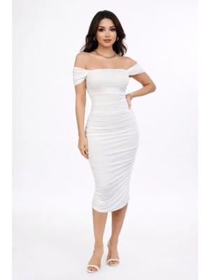 Cottonlab Madonna Yaka Drapeli Midi Elbise Likralı Vücuda Oturan Davet Elbisesi - Beyaz