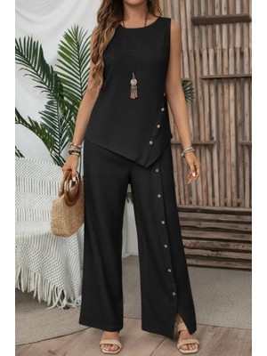 Emh Store Kadın Askılı Yuvarlak Yakalı Önü Asimetrik Detaylı Düğmeli Aerobin Bluz ve Pantolon Ikili Takım