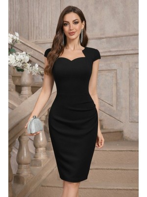 Arben Boutique Kadın Kısa Kollu Yakası Asimetrik Kısa Ithal Krep Elbise