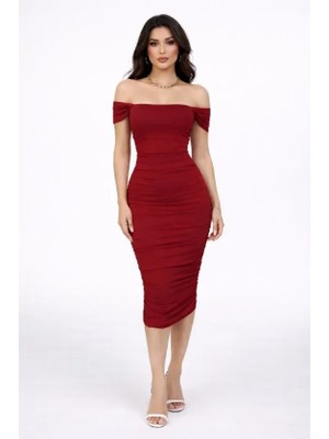 Deridün Yıldız Shoes Madonna Yaka Drapeli Midi Elbise Likralı Vücuda Oturan Davet Elbisesi - Bordo