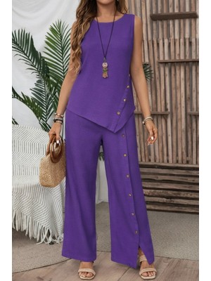 Bi Baksana Kadın Askılı Yuvarlak Yakalı Önü Asimetrik Detaylı Düğmeli Aerobin Bluz ve Pantolon Ikili Takım