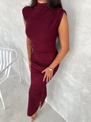 Nidam Butik Likralı Simli Kumaş Yandan Yırtmaçlı Uzun Elbise Şık Kolsuz Abiye - Bordo