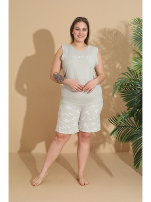Temporium Kadın Milan Kumaş Büyük Beden Curve Baskılı Desenli Şortlu Pijama Takımı
