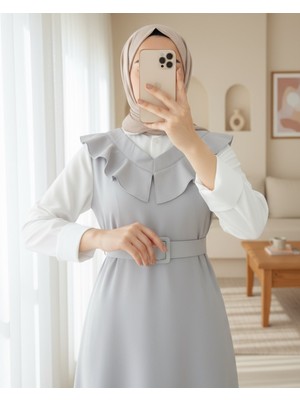 Modamorfo Yakası V Kemerli Uzun Jile Elbise         -Gri