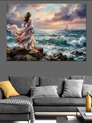 Tablomega Deniz Kıyısında Bekleyen Beyaz Elbiseli Kadın Dekoratif Kanvas - Mdf Ahşap Tablo