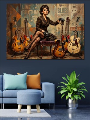 Tablomega Gitarlar Arasında Oturan Şık Kadın Dekoratif Kanvas - Mdf Ahşap Tablo