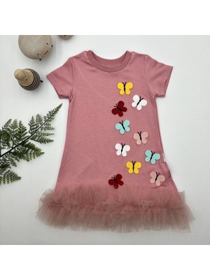 Senka 1-2-3 Yaş Renkli Kelebekler Nakışlı Eteği Fırfırlı Jile Çuk Elbisesi Gül Kurusu