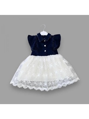 Senka 2-3-4 Yaş Astarlı Brode Etekli Kot Kumaş Düğmeli Kız Çuk Elbisesi Lacivert