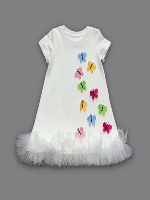 Senka 1-2-3 Yaş Renkli Kelebekler Nakışlı Eteği Fırfırlı Jile Çuk Elbisesi Beyaz