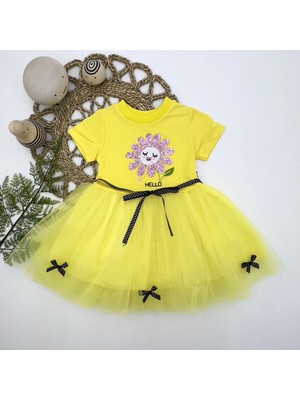 Senka 1-2-3 Yaş Payet Yapraklı Çiçek Nakışlı Astarlı Kız Bebek Tütü Elbisesi Sarı