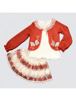 Senka 1-2-3 Yaş Brode Etekli Örme Hırkalı Uzun Kollu Sweat 3lü Kız Çuk Takımı Kırmızı