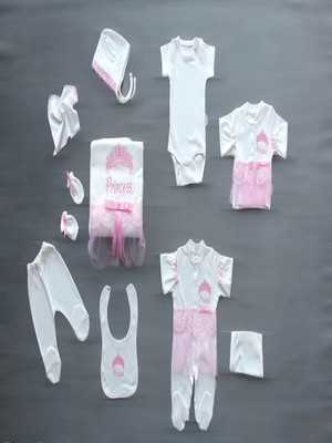 Senka Taçlı Prensesim Nakışlı 10LU Zıbın Takımı Hastane Çıkışı Pembe