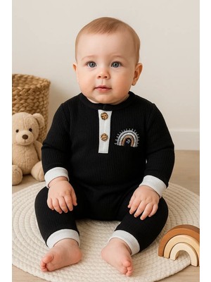 Senka Waffle Gökkuşağı Nakışlı Erkek Bebek Tulumu