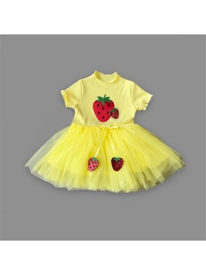 Senka 1-2-3 Yaş Payetli Çilek Baskılı Çilek Kuşaklı Kız Bebek Elbisesi Sarı