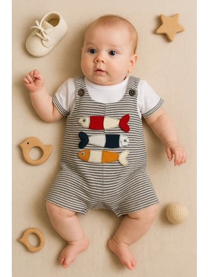 Senka Balık Nakışlı Kısa Kollu Erkek Bebek Tulumu