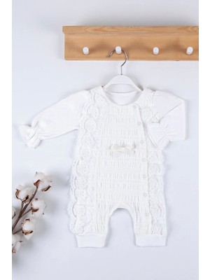 Senka Gofralı Fransız Güpürlü % 100 Pamuk Kız Bebek Tulumu
