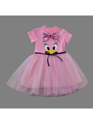 Senka 1-2-3 Yaş Payet Fiyonk Tokalı Ördek Nakışlı Astarlı Kız Bebek Tütü Elbisesi Pembe