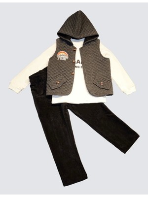 SHC4200 3-4-5 Yaş Fitilli Kadife Pantolon Kapitone Kapşonlu Yelek Uzun Kollu Sweat 3lü Erkek Çuk Takımı Füm